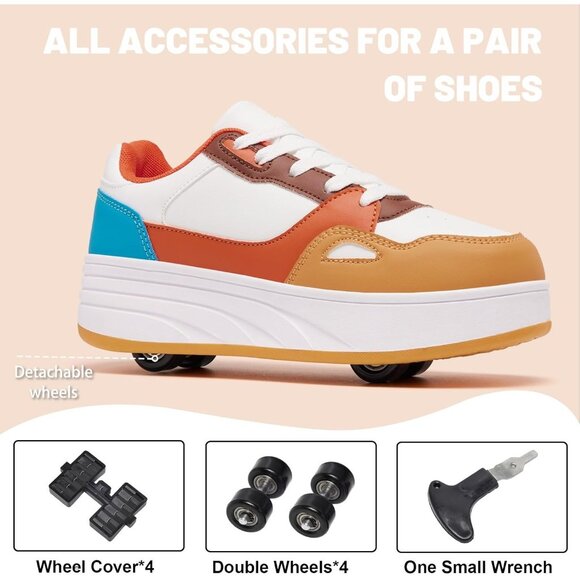 Kids Yellow/orange/white Detachable Wheeled 2 In 1 Skating Shoes Fashion Sneaker - Picture 2 of 7